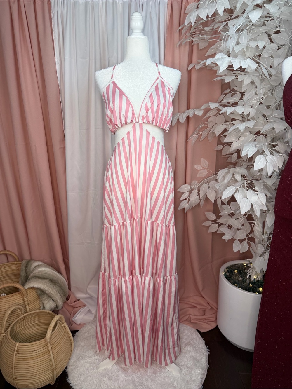 SHEIN Curve Pink White Striped Cutout Halter Maxi Dress 0XL